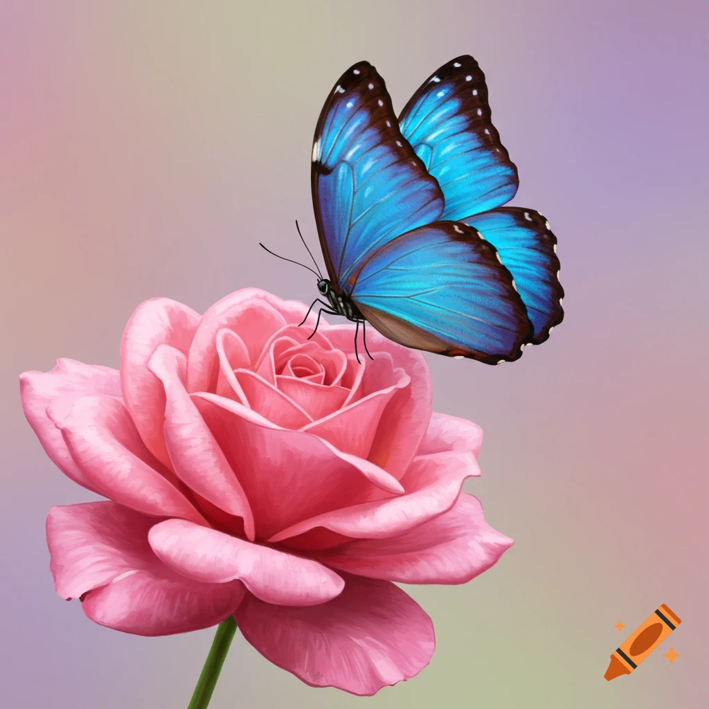 A vibrant blue butterfly on a pink rose.