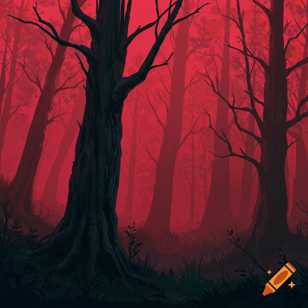 Dark forest covered in red fog