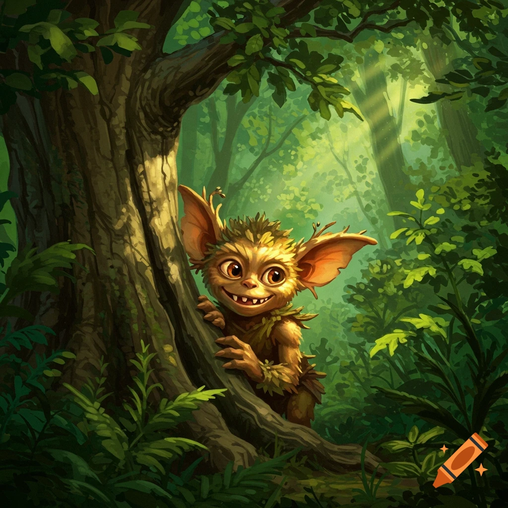 A small fantasy creature, a gremlin or goblin, smiles and peeks from behind a tree in a lush green forest.