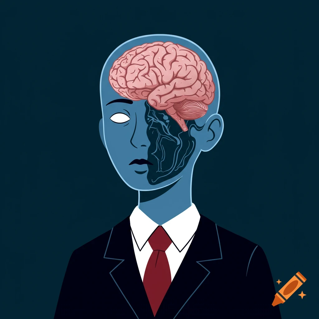 Minimalist illustration of a person in a suit with their brain visible inside their head.