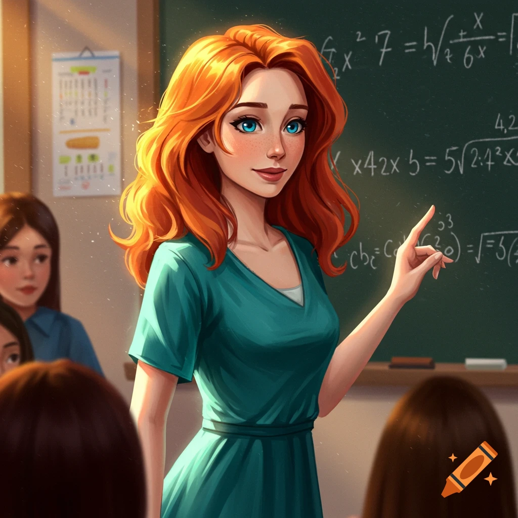 A red-haired teacher with blue eyes points at a blackboard in a classroom.