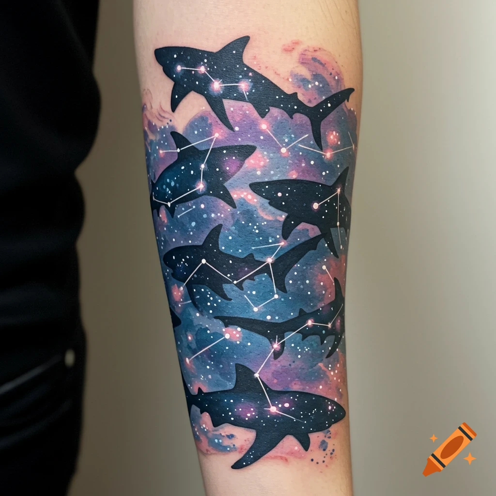 Forearm tattoo of silhouetted sharks swimming through a colorful nebula and constellations.