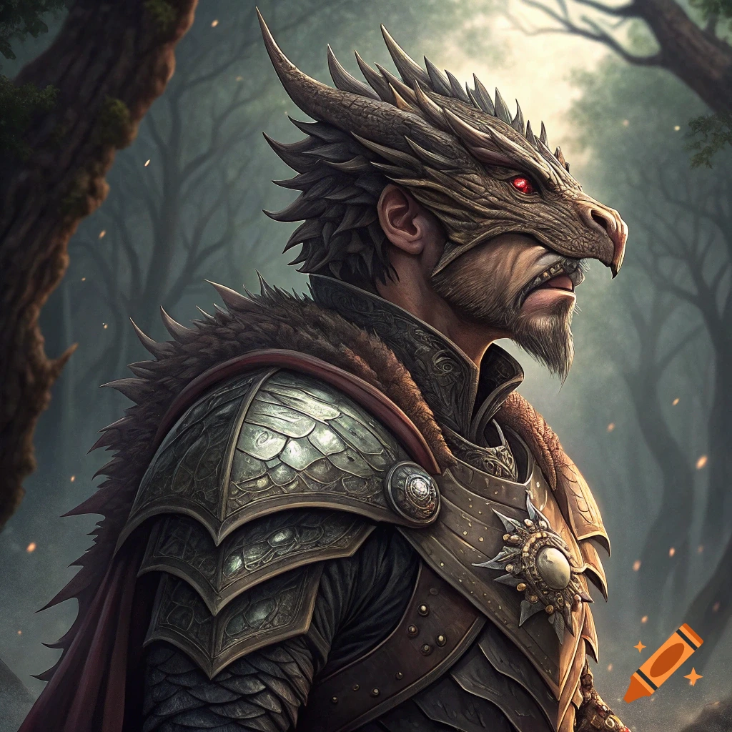 Portrait of a man in fantasy armor and a dragon mask in a forest