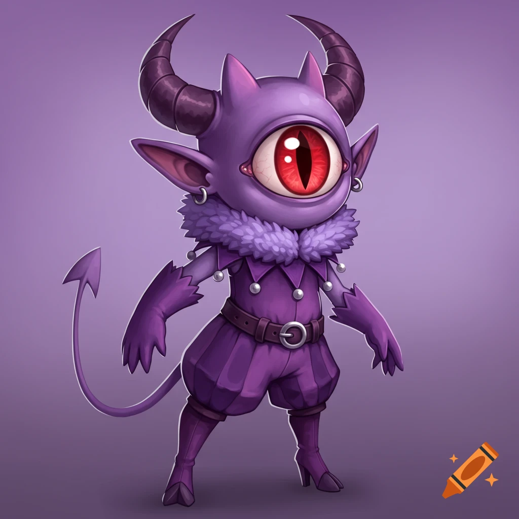 A cartoonish purple one-eyed monster with horns and a tail, wearing a jester-style outfit.