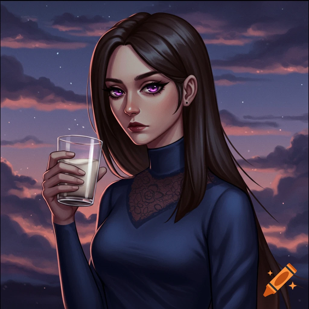 A character with purple eyes holds a glass of milk against a cloudy sky.