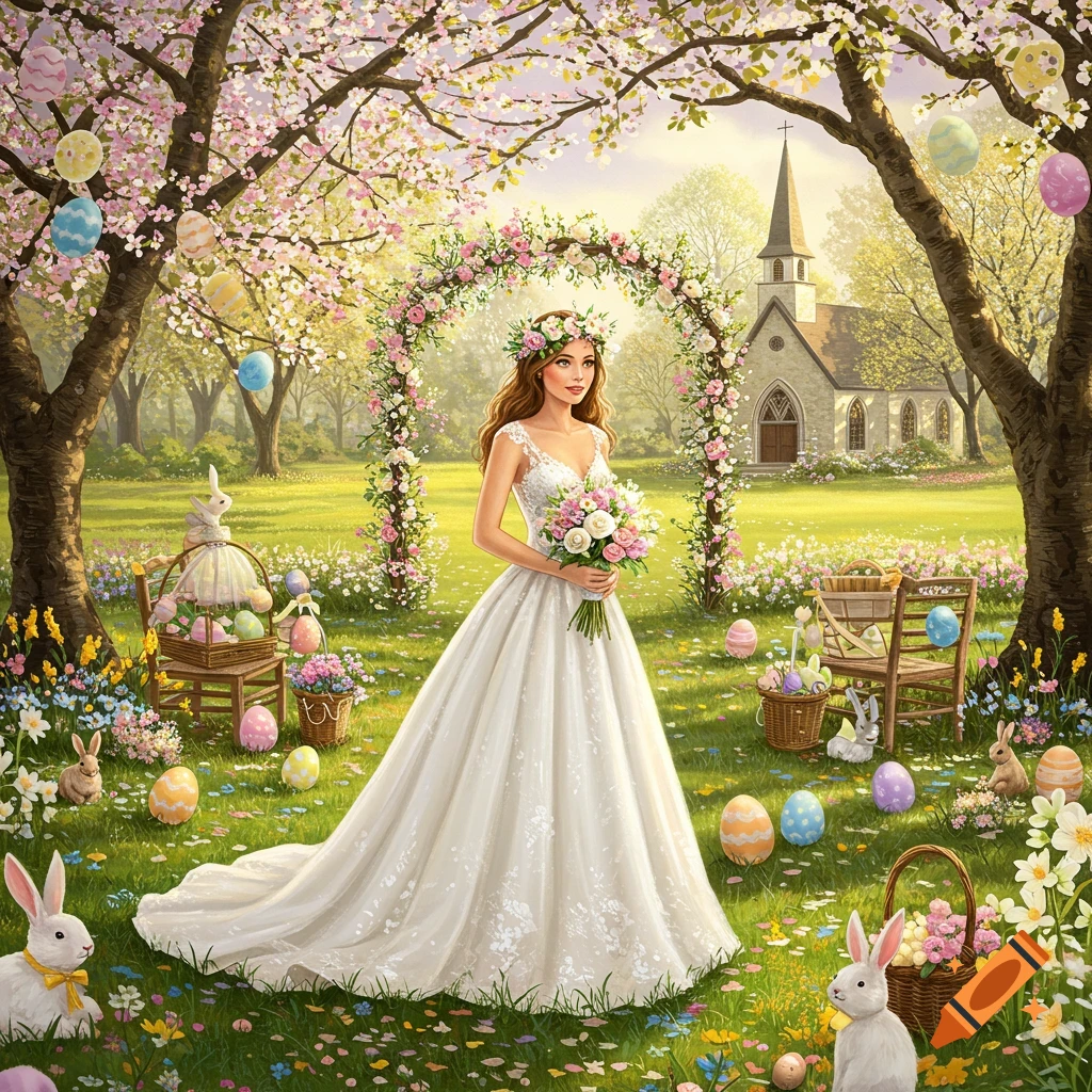 A bride in a garden during spring, surrounded by Easter eggs and bunnies, with a church in the background.