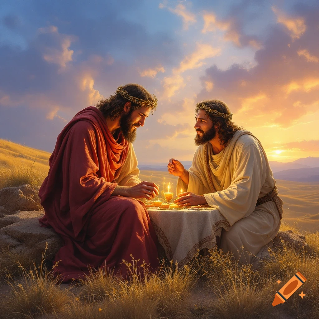 Two figures resembling Jesus share a meal outdoors at sunset.