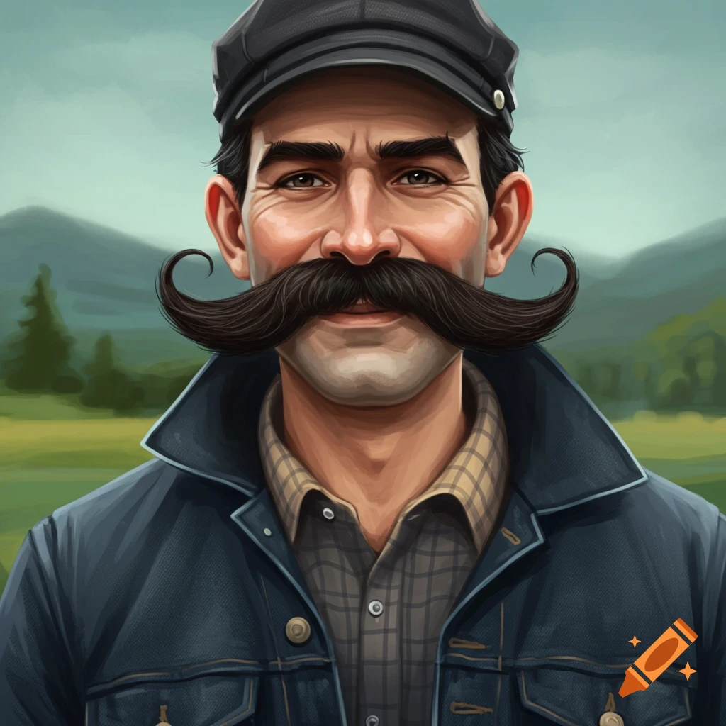 A man with a large curled mustache wearing a hat and denim jacket against a landscape background.