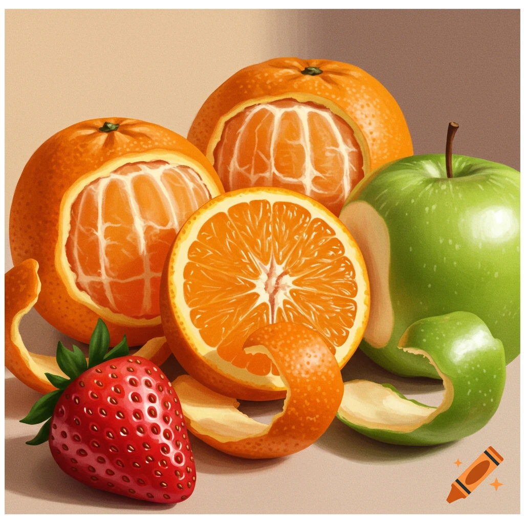 peeled oranges, a sliced orange, a peeled green apple, and a strawberry.