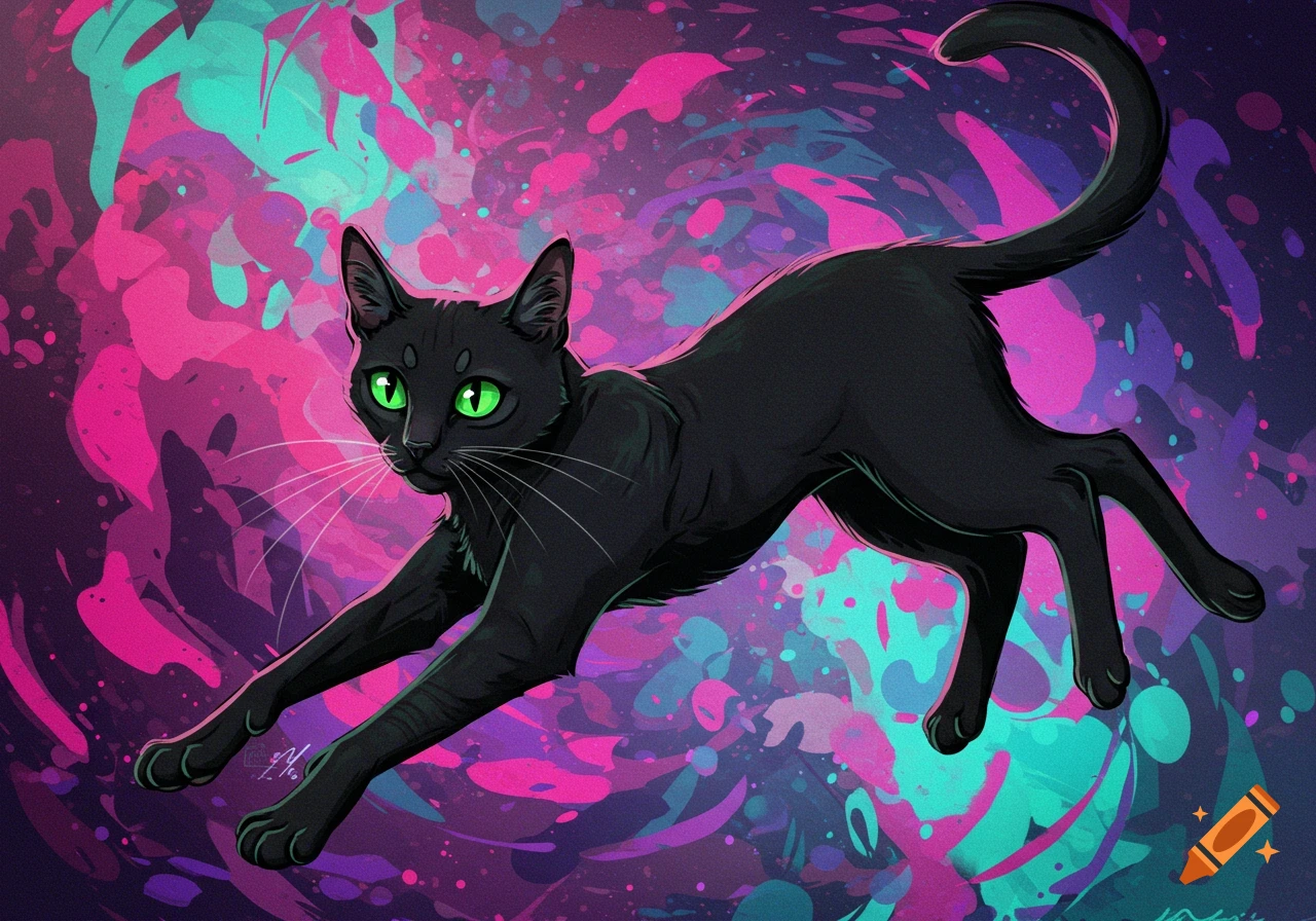 A black cat with bright green eyes is captured mid-air, leaping against a vibrant pink, purple, and blue abstract background.