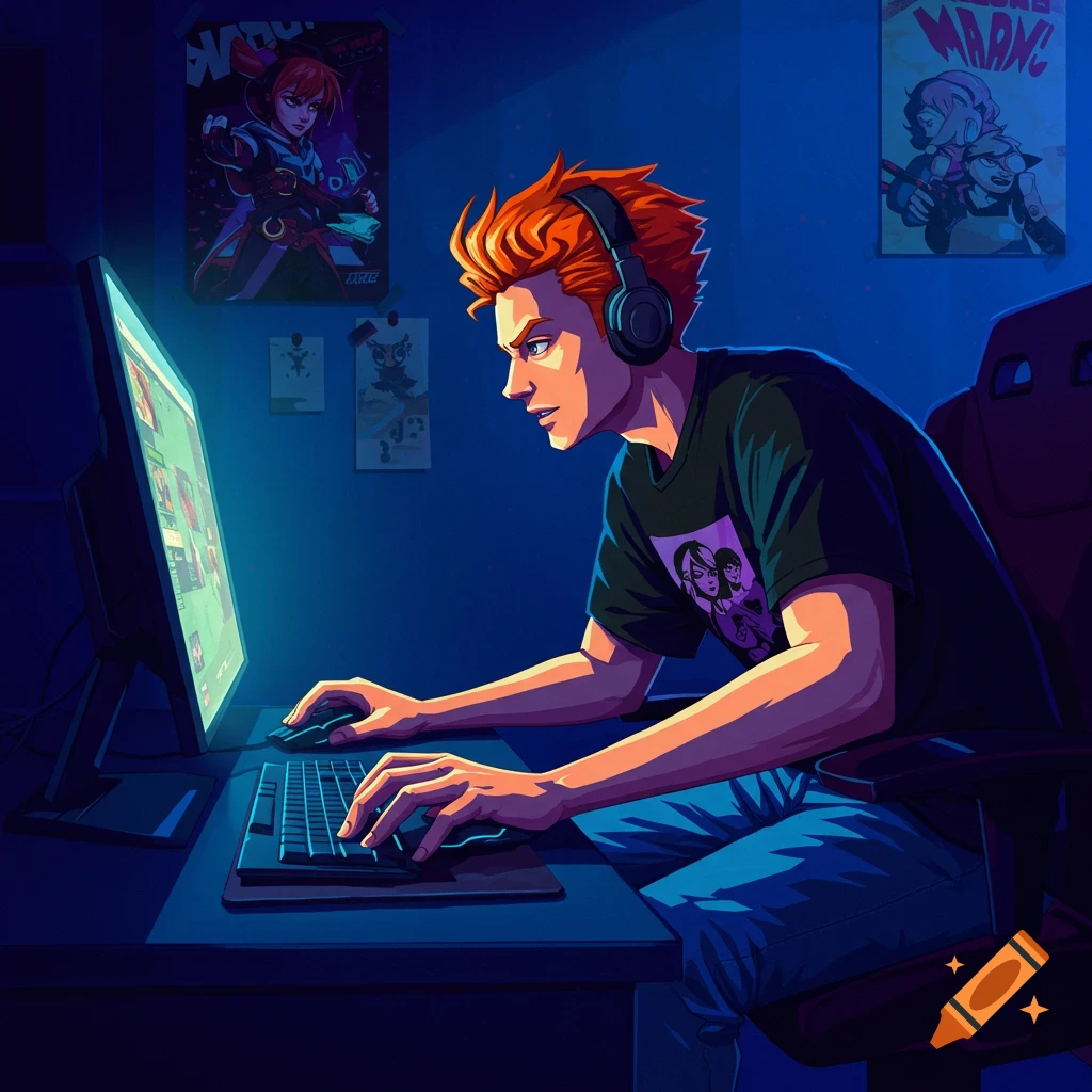 A young person with orange hair and headphones playing video games at a computer desk in a dark room.