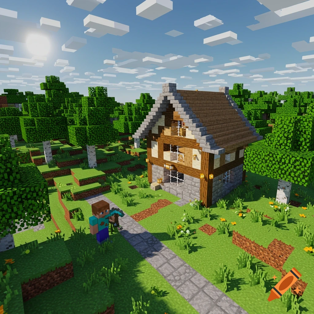 A pixelated character stands in front of a stone and wood house in a sunny, blocky landscape, in the style of the game Minecraft.