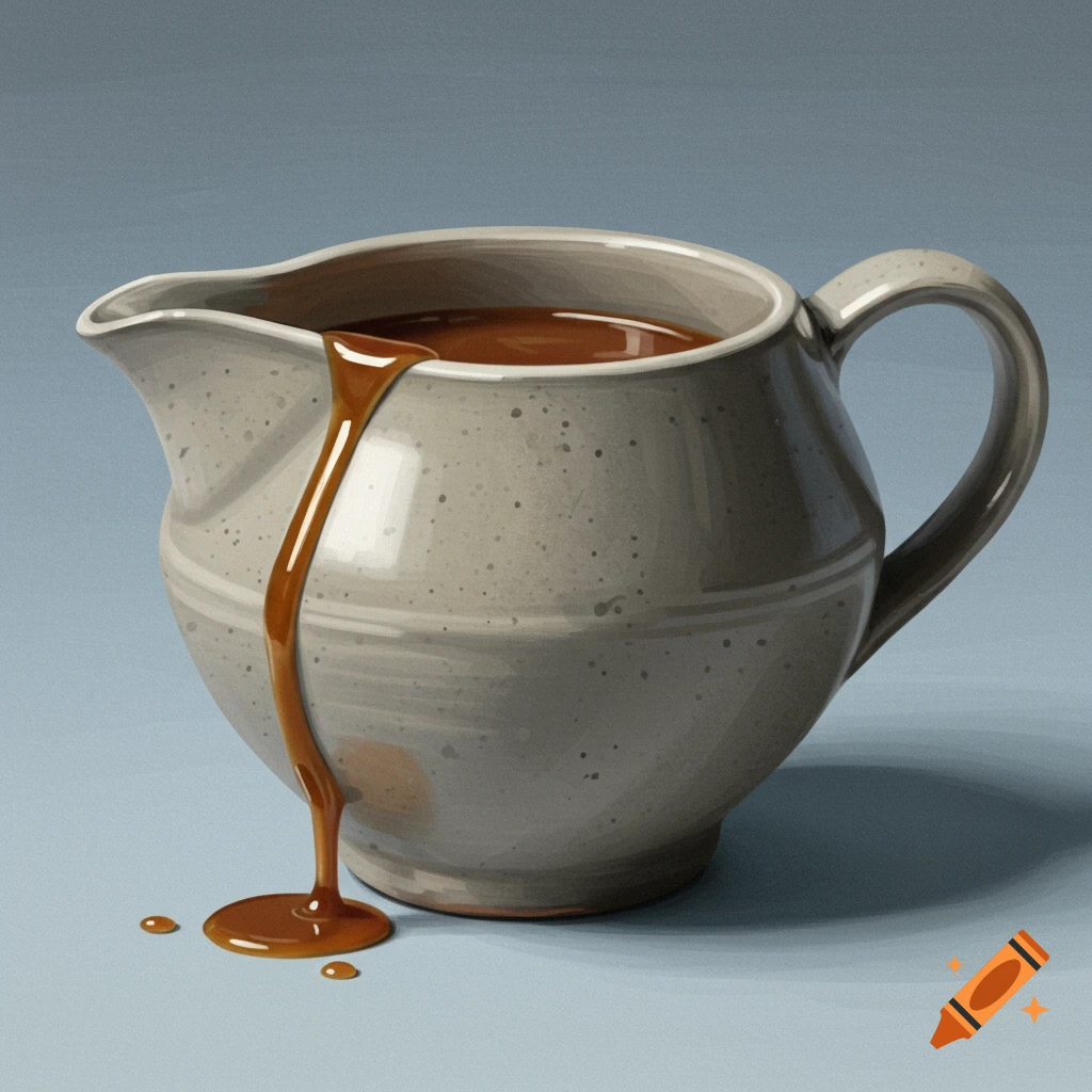Gravy pouring from a grey gravy boat.
