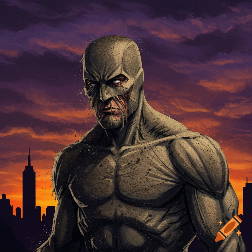 A muscular, grey-skinned figure with a damaged face stands before a city skyline at sunset.