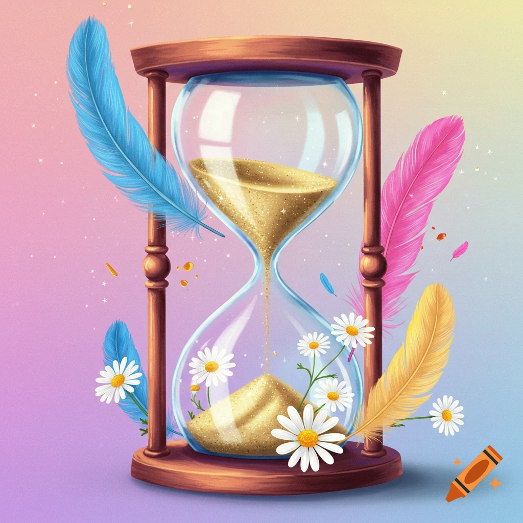 A whimsical hourglass with flowing sand, surrounded by colorful feathers and daisies.