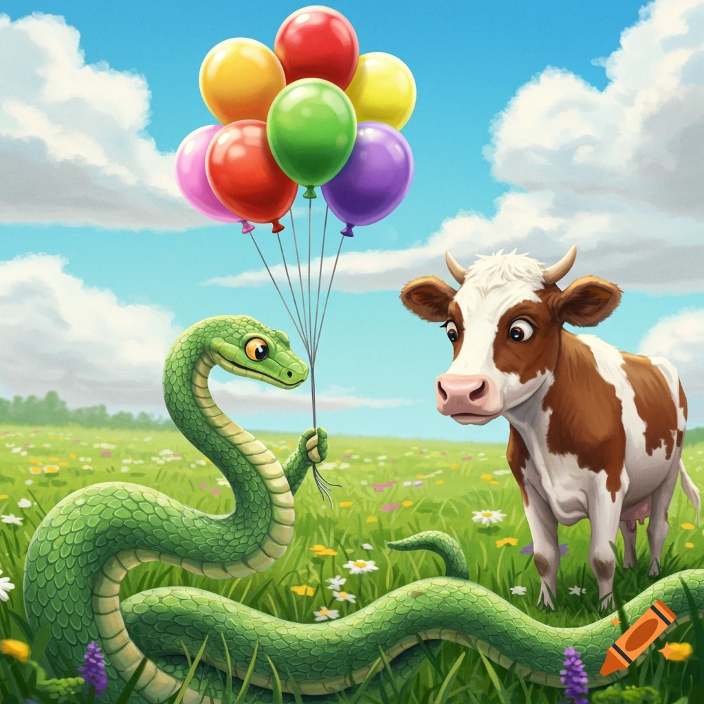 Cartoon green snake holds colorful balloons while looking at a cow in a sunny grassy field.