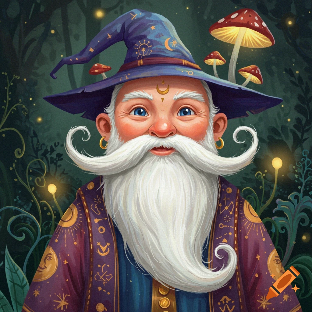 A fantasy wizard with a long white beard, baby face, and pointy hat, in a forest with glowing mushrooms.