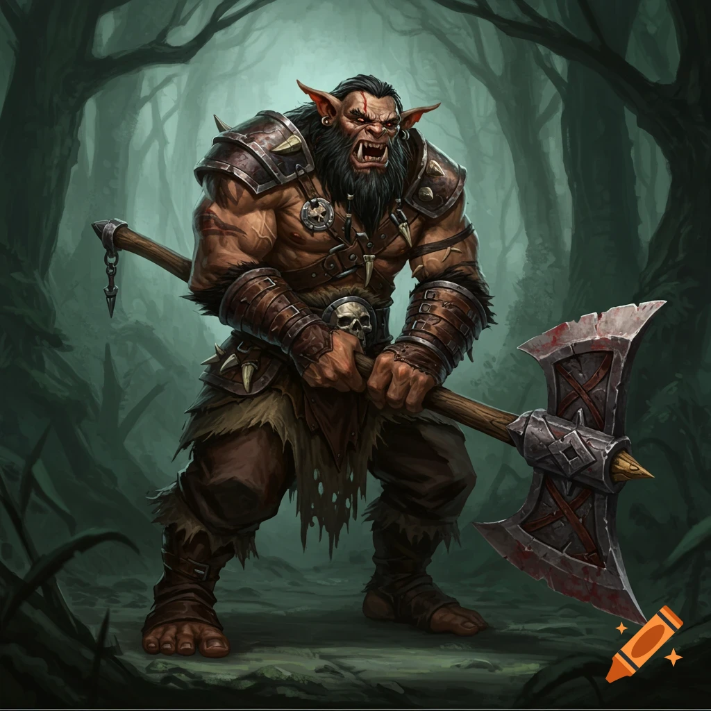 Muscular fantasy barbarian creature holding a large axe in a dark forest.
