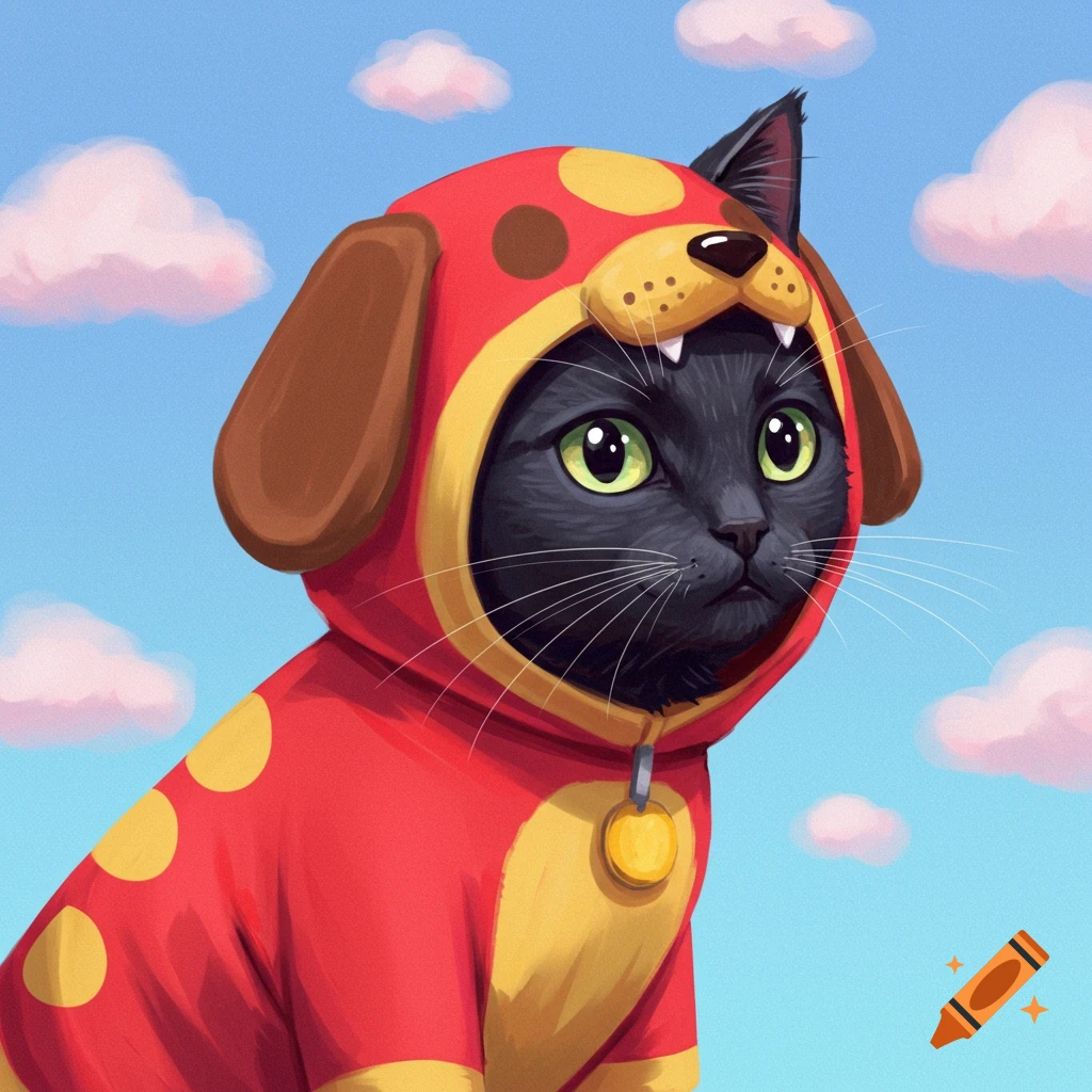 A black cat wears a red and yellow dog costume under a blue sky with pink clouds.
