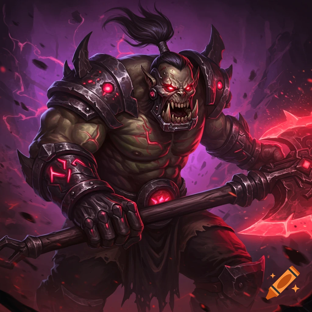 A menacing orc with glowing red eyes and axe.