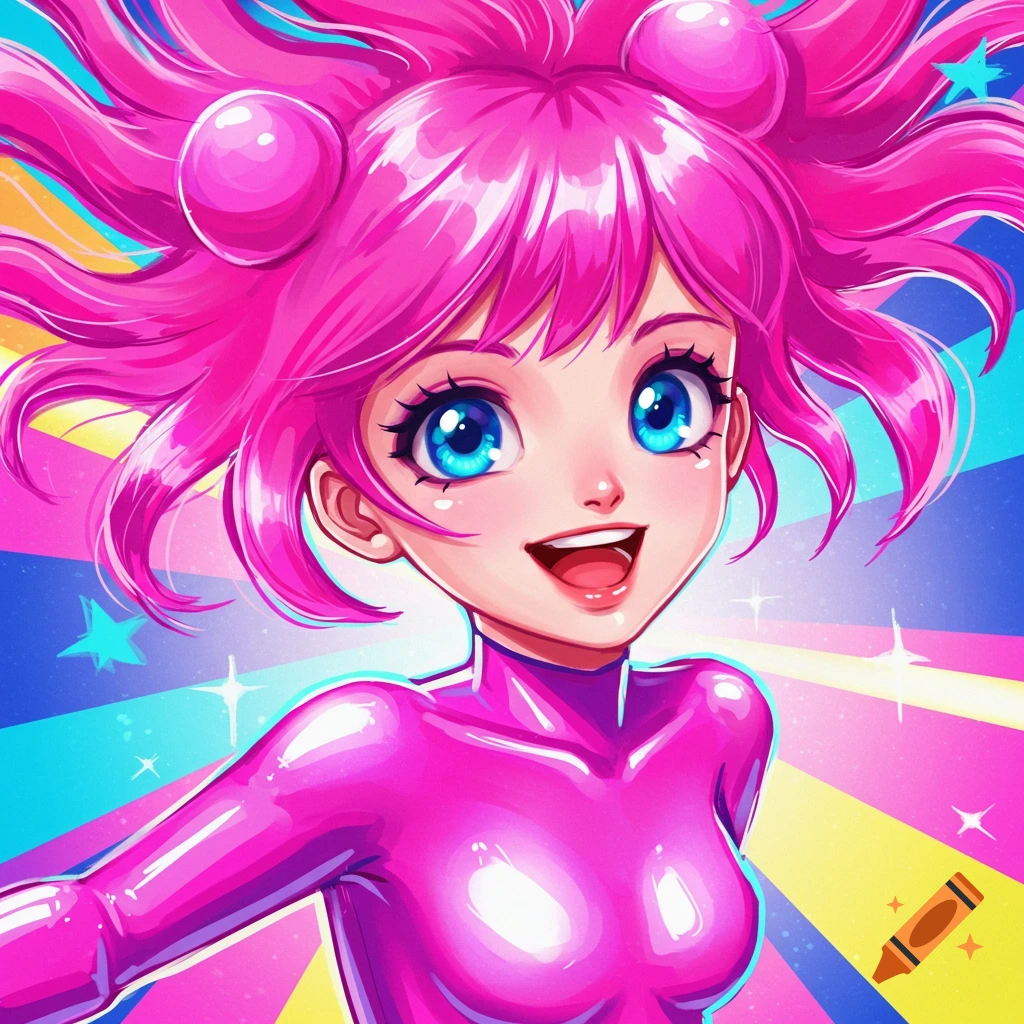 Anime style image of a cute girl with pink hair in a shiny pink suit against a colorful background