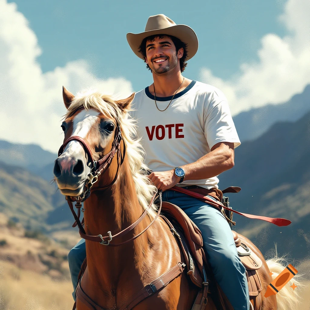 Pedro Pascal Rodeo Pedro Pascal riding a horse wearing a Vote for Pedro T-shirt on Craiyon