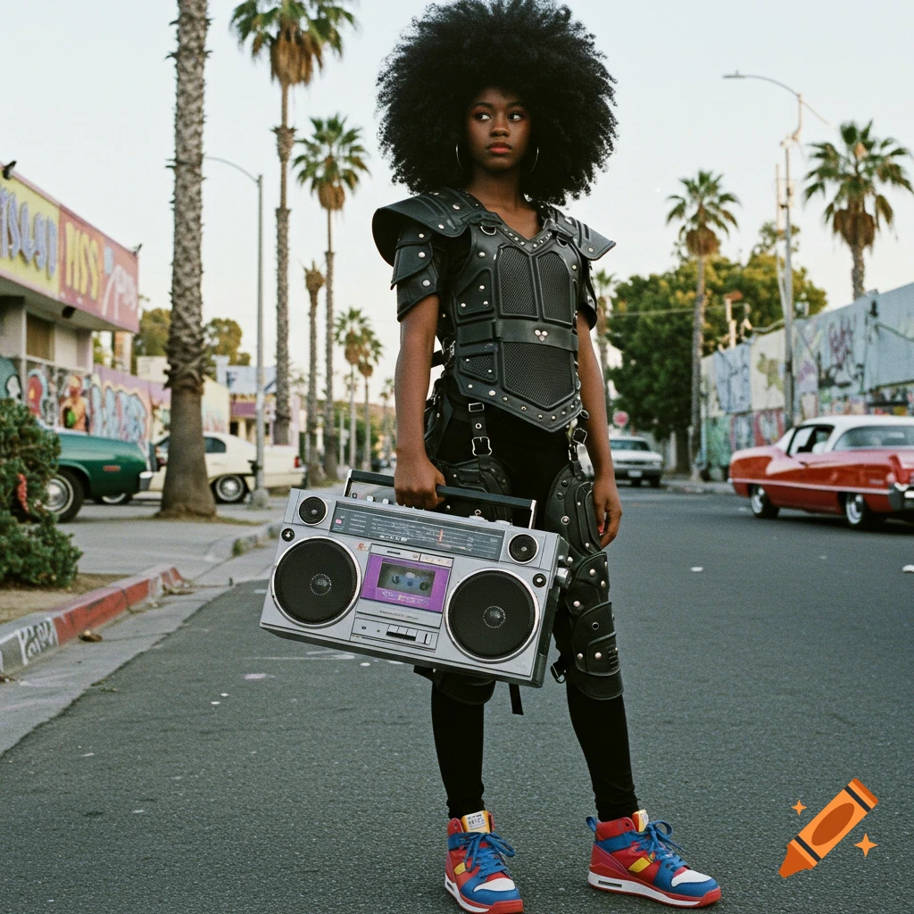 Photorealistic image of a young Black woman in leather armor with an afro holding a boombox on an 80s urban street.