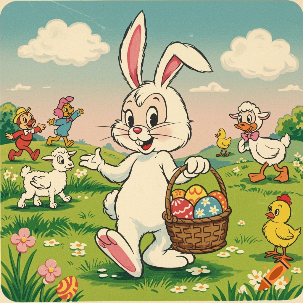 A vintage Easter cartoon with a bunny, lamb, duck, and chick in a meadow.