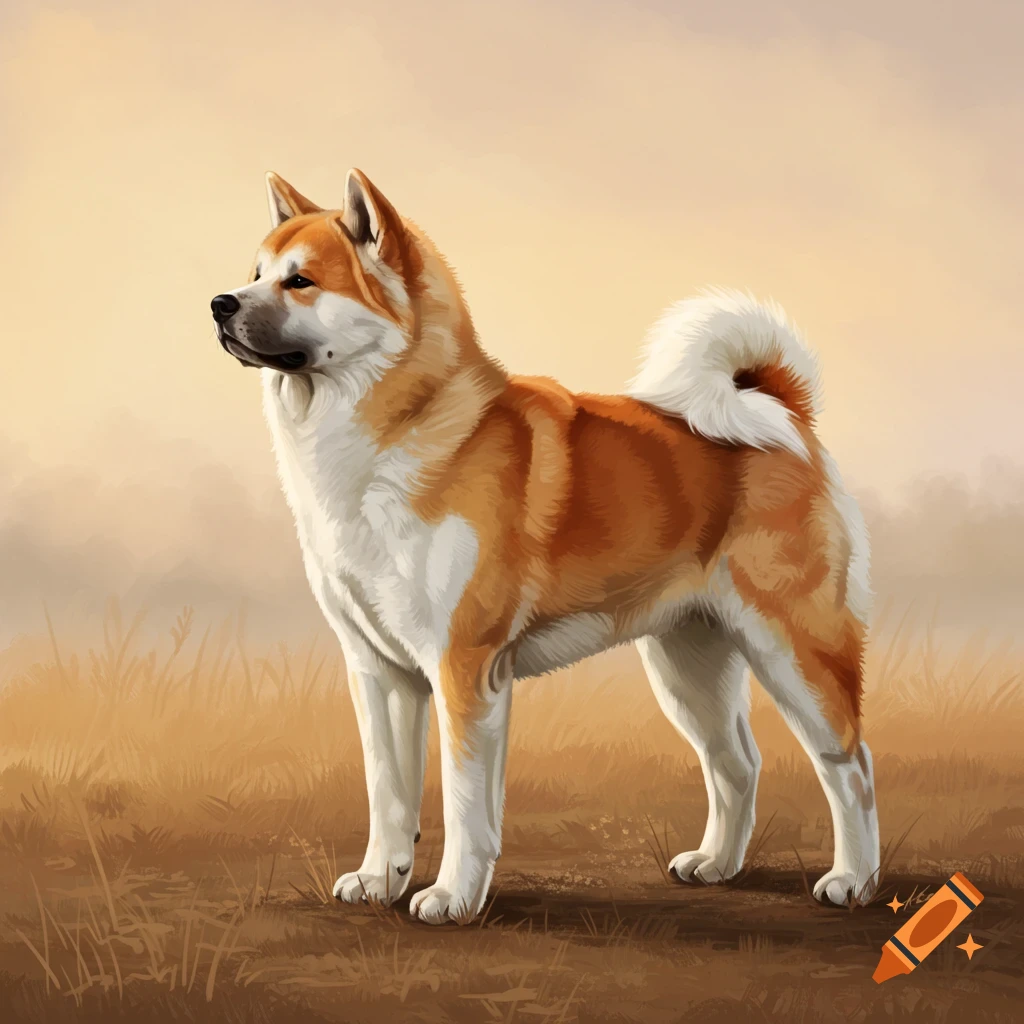 An Akita dog standing in a grassy field at sunset.