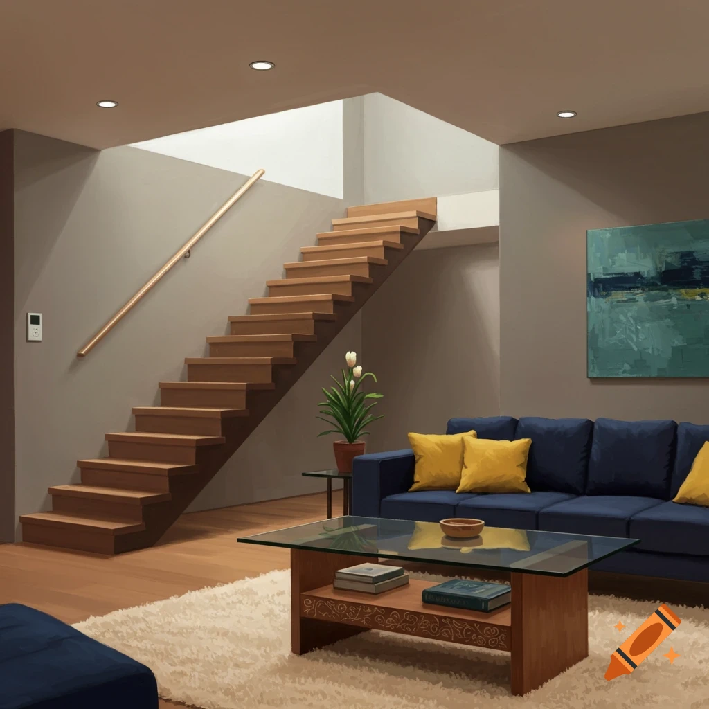 A living room with wooden stairs, blue couch, and glass coffee table.