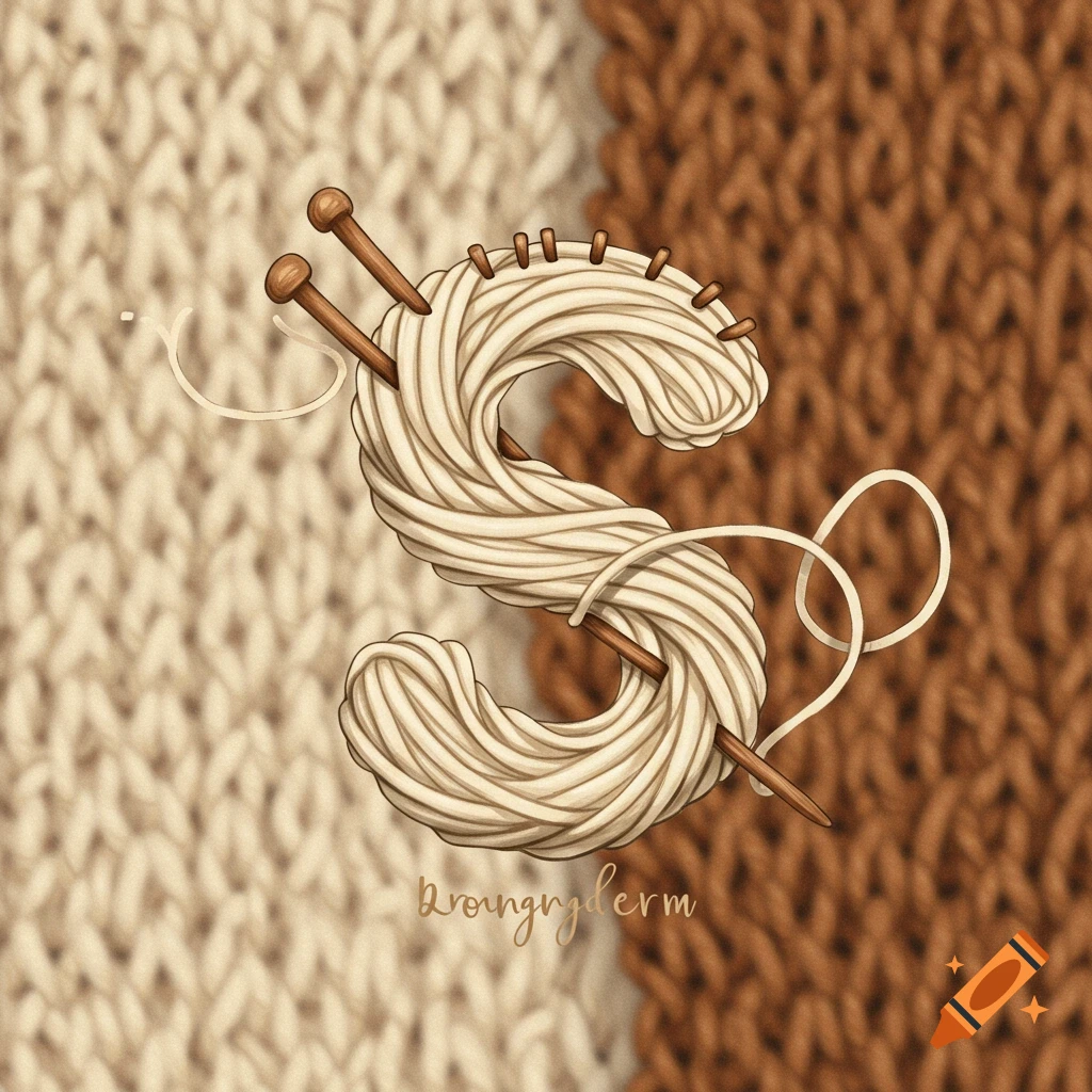 A letter S made of yarn and knitting needles against a knitted background.