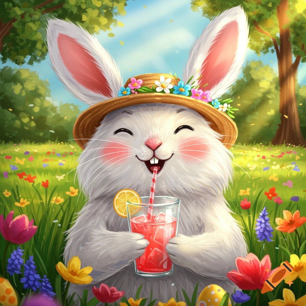 Cute Easter bunny wearing a flower hat, drinking lemonade in a sunny spring meadow full of colorful flowers.
