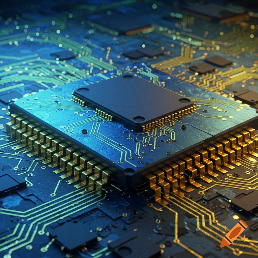 Close-up view of a computer chip on a circuit board with glowing golden traces.