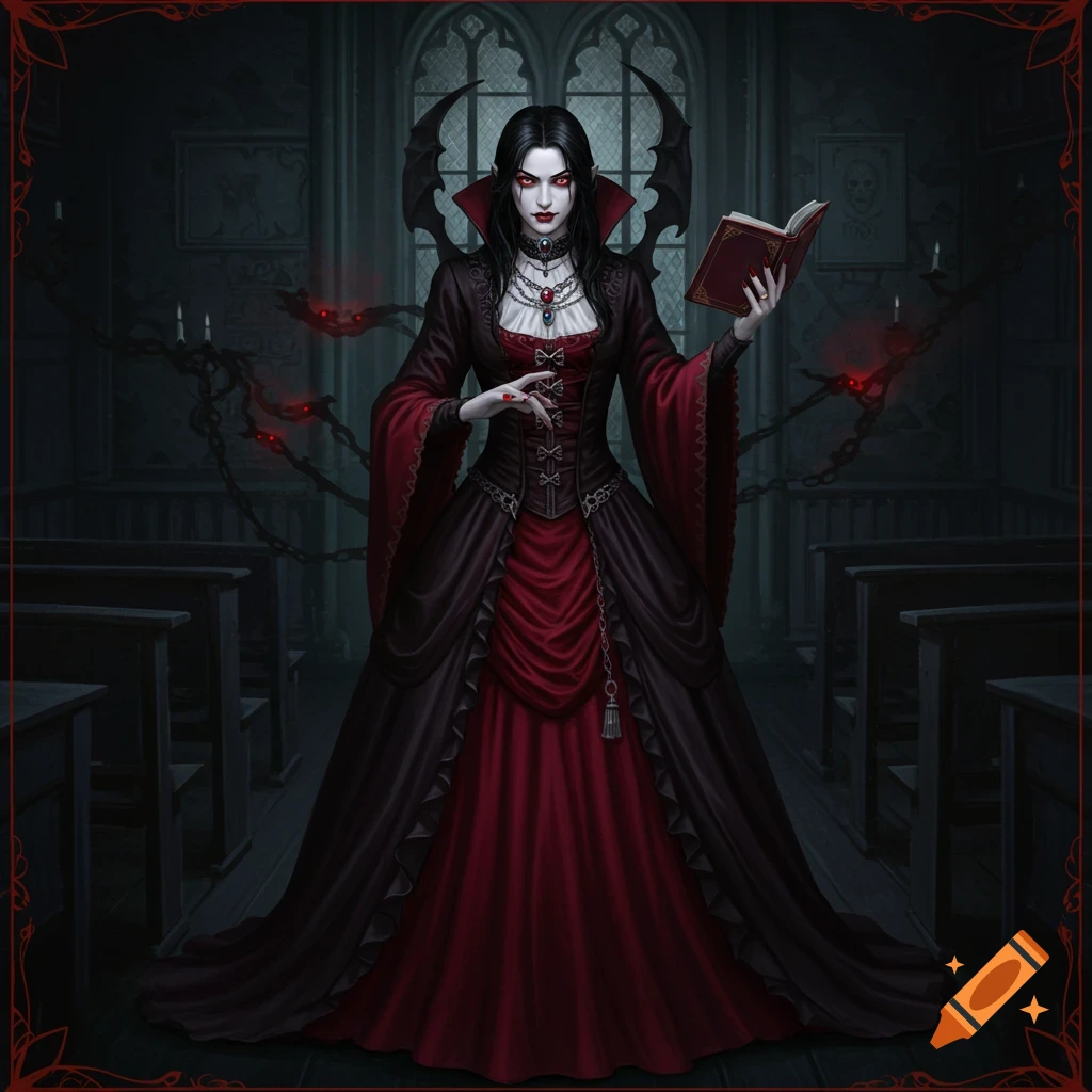 A vampire countess is in a dark room holding a book