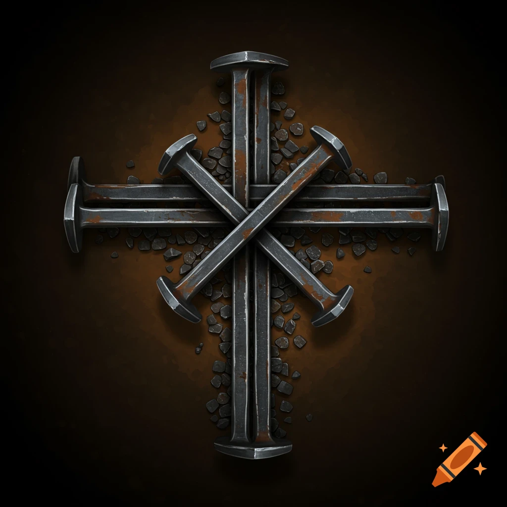 A cross symbol made from four large rusty railroad spikes on a bed of small stones.