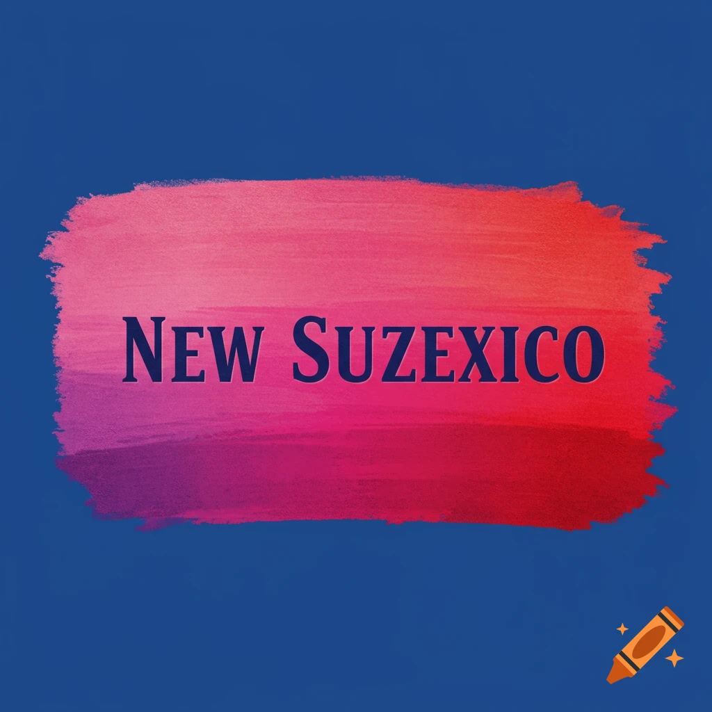 Text 'NEW SUZEXICO' on a brushstroke background with pink, purple, and red shades against blue.