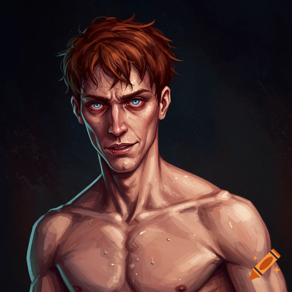 A man with blue eyes, auburn hair, and a strong physique.