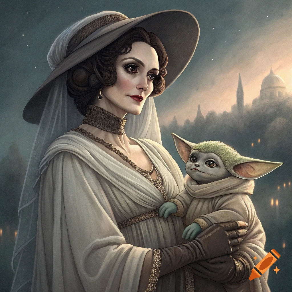 A woman resembling Lady Dimitrescu holds Grogu in a classical painting style portrait.