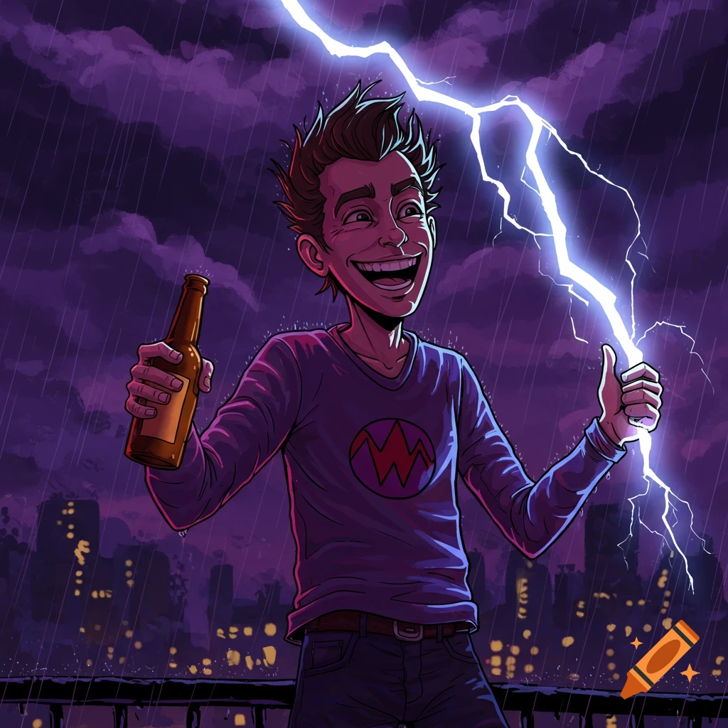 Cartoon illustration of a person holding a beer bottle and lightning during a thunderstorm.