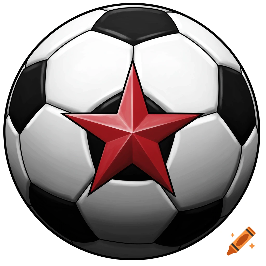 A soccer ball with a large red star in the center is on a white background.