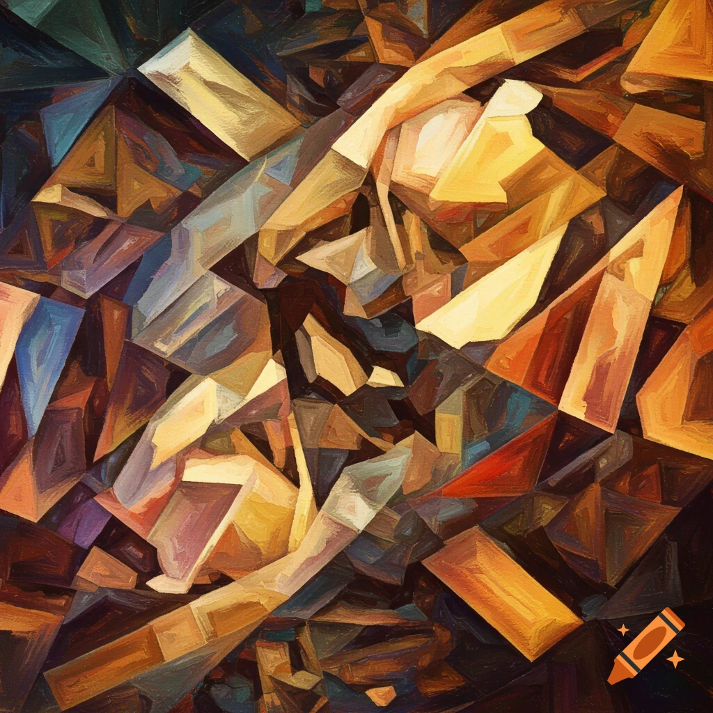 An abstract cubist image in shades of brown, orange, and blue.