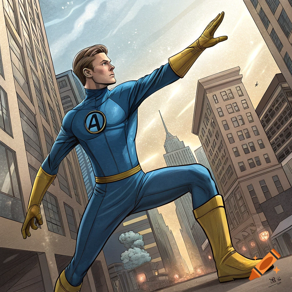 Comic illustration of a superhero in blue and yellow reaching out his hand in a city.