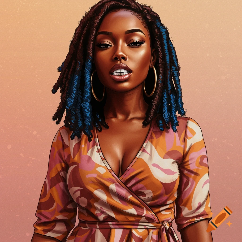 A portrait of a woman with dreadlocks tipped blue, wearing a wrap dress and a grill.