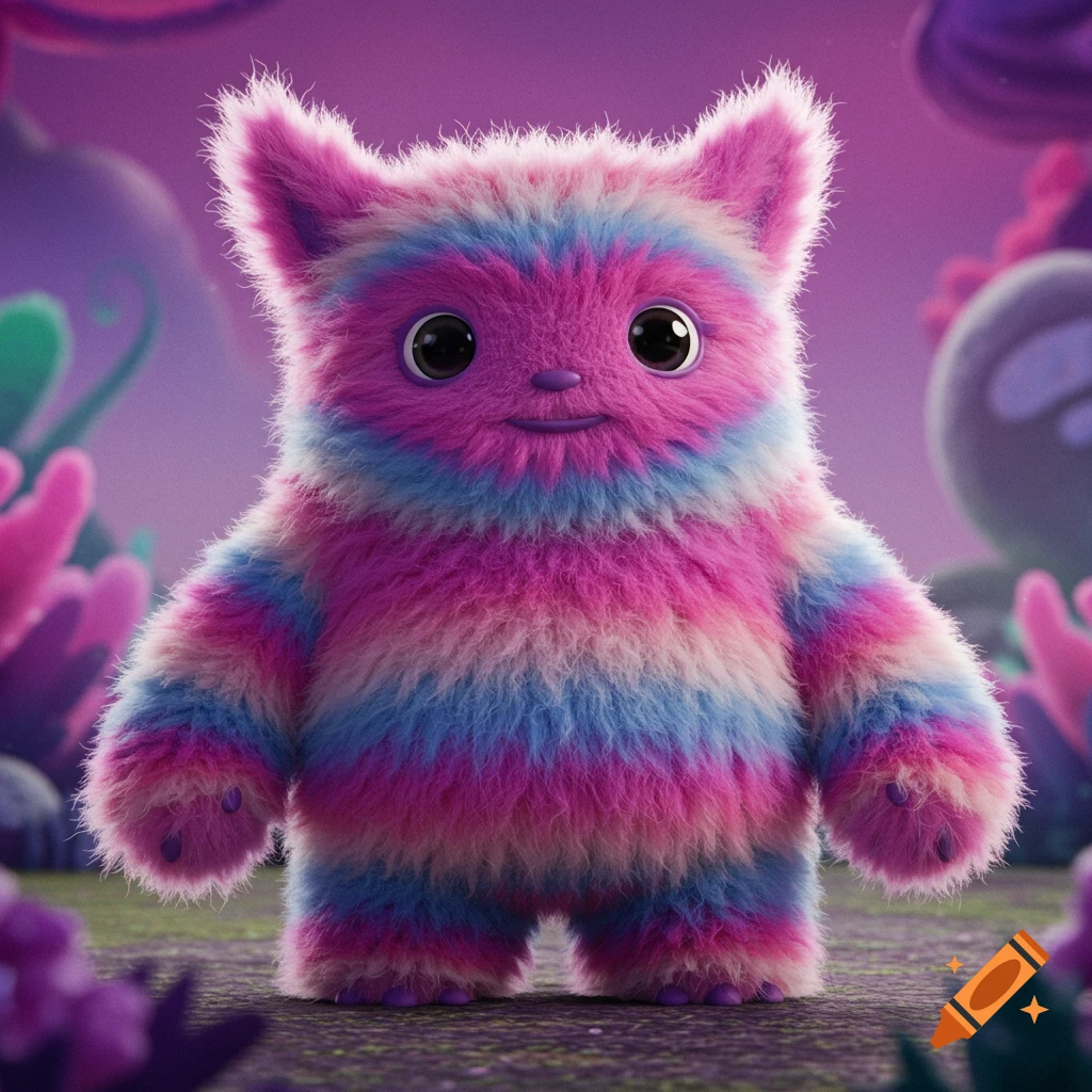 A cute fluffy monster with pink, blue, and white stripes stands in a fantasy landscape.