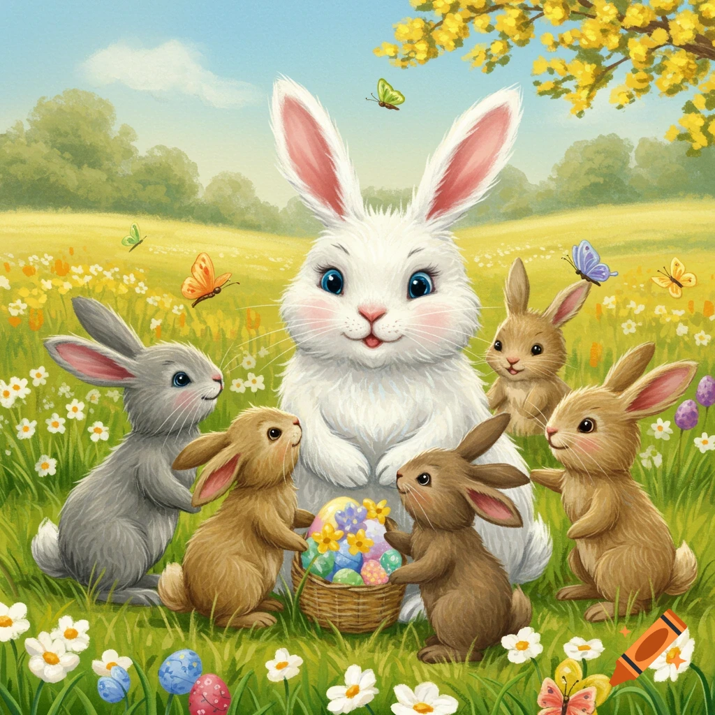 Illustration of a large white Easter bunny surrounded by smaller bunnies and Easter eggs in a field.