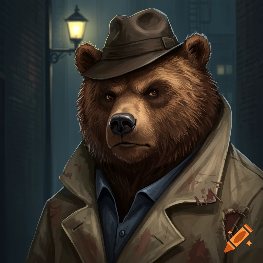 A mysterious brown bear detective in a trench coat and hat stands on a dark street at night.