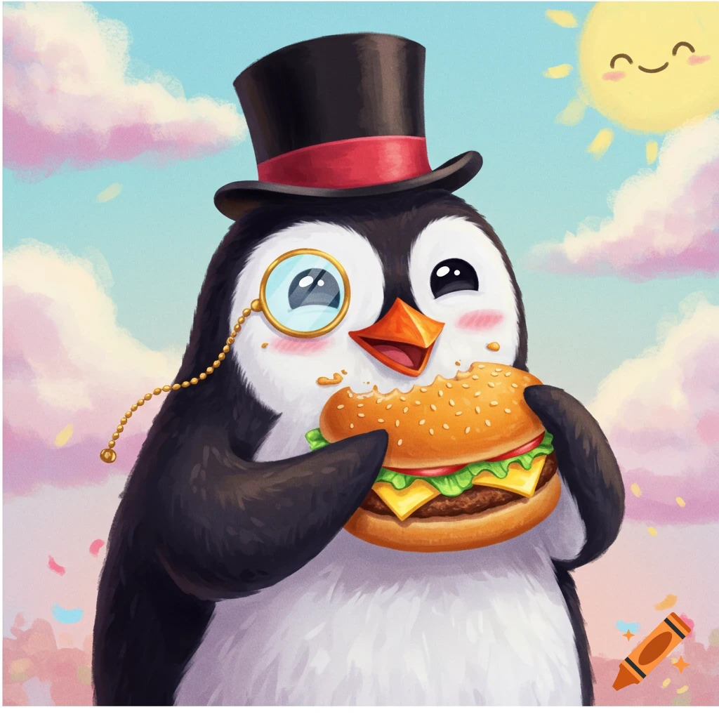 A cute cartoon penguin in a top hat and monocle eating a cheeseburger under a smiling sun.