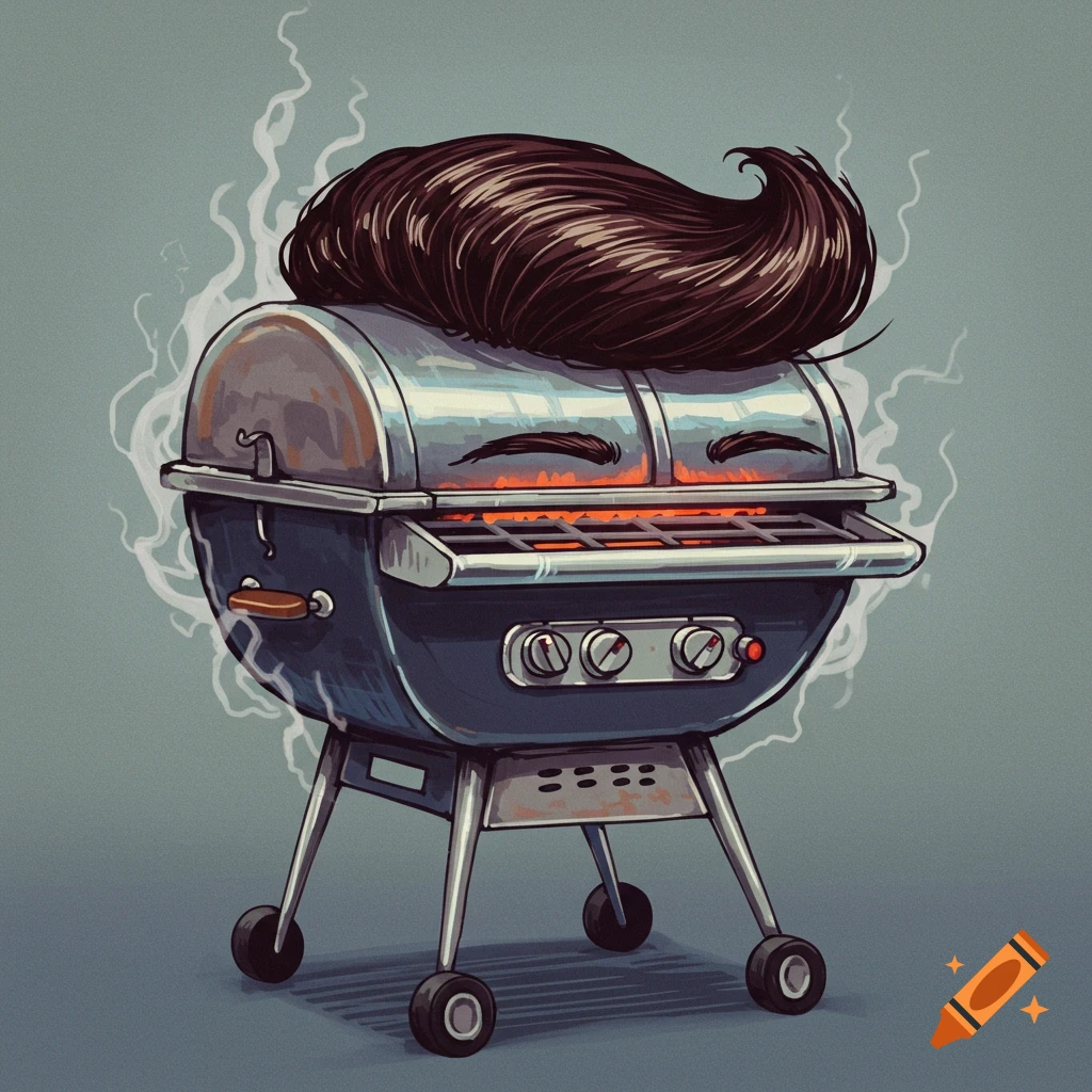 A BBQ grill with a large dark toupee and a humorous face.