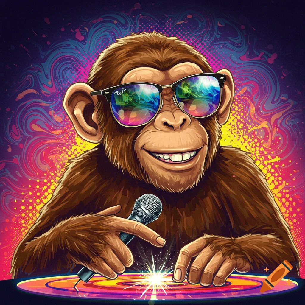 A monkey wearing sunglasses holds a microphone over a colorful record player, illustrated in a vibrant, psychedelic style.