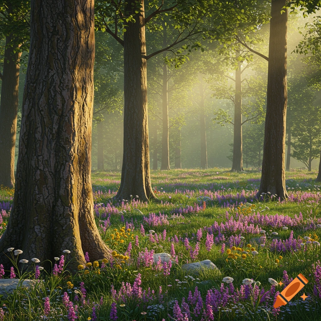 A lush forest meadow with sunlight shining through tall trees onto a field of purple and yellow flowers.
